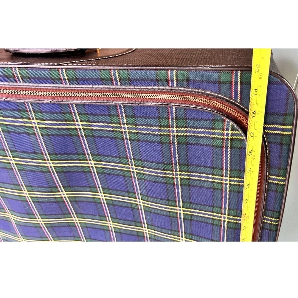 Vintage Leeds Plaid Suitcase Blue Green Soft Sided Luggage Retro Travel Bag